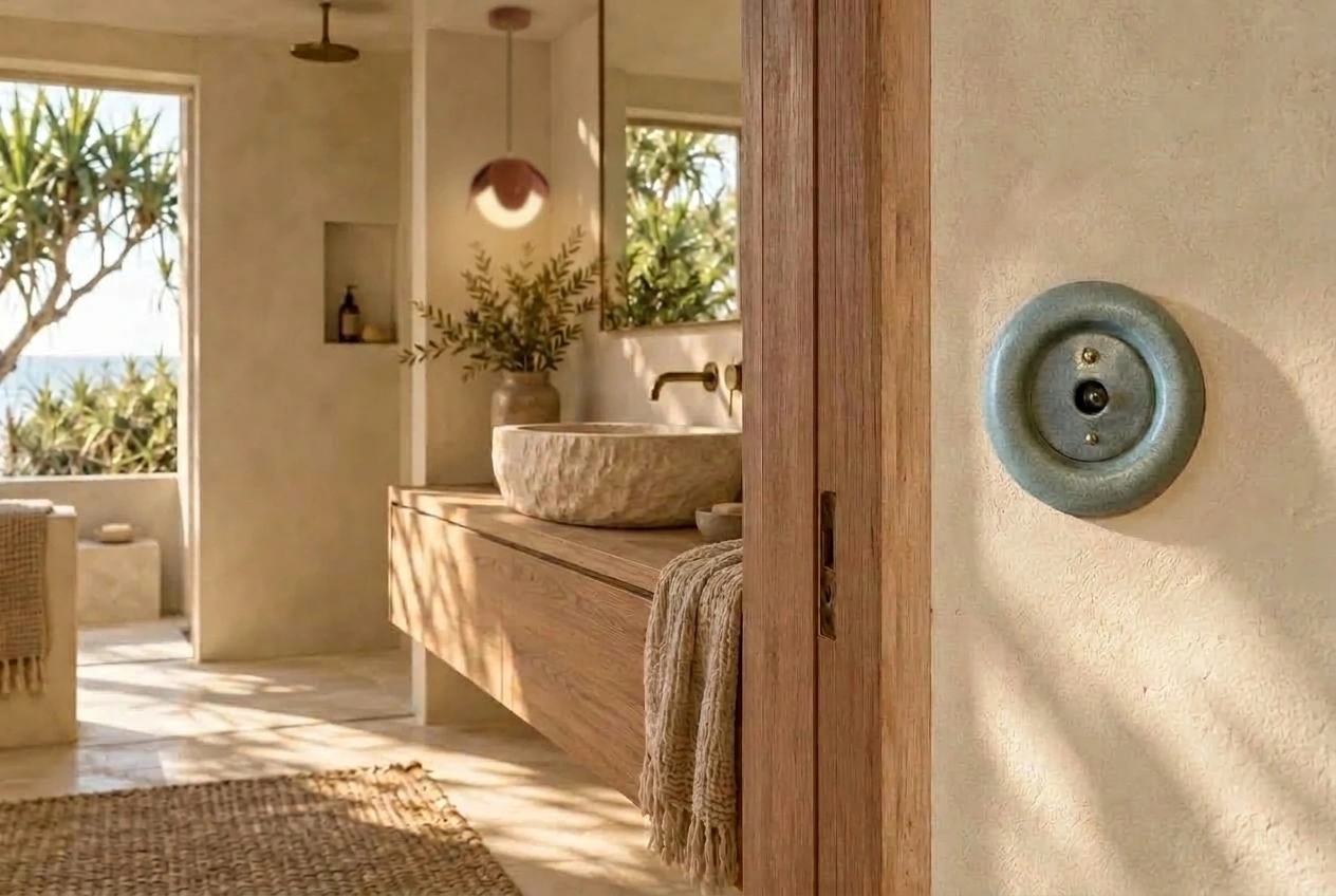 A single Gaia ceramic switch on the entrance wall of a limestone bathroom