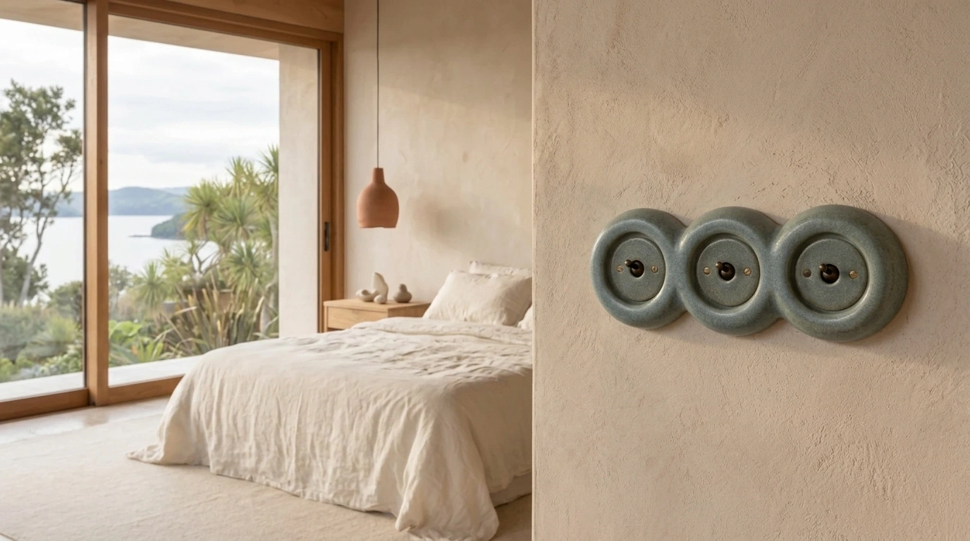 A triple Mineral ceramic switch beside a linen bed in a limestone and oak bedroom