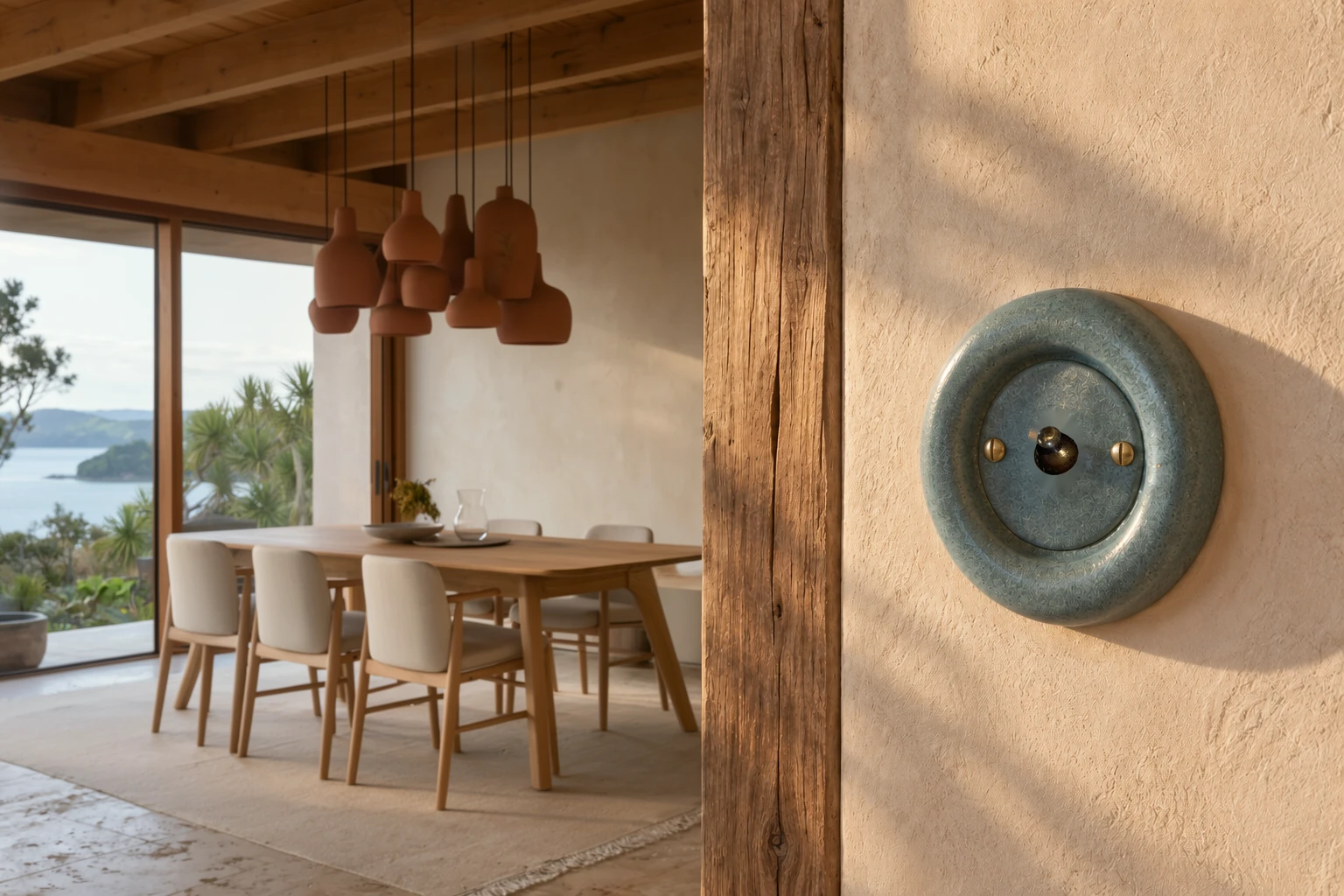 A Gaia ceramic switch on a limestone wall, beside a timber-framed New Zealand dining room with handmade clay pendants