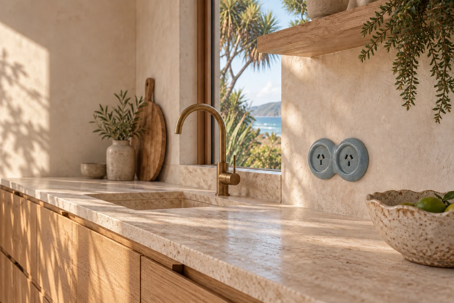 Two Mineral ceramic sockets in a limestone and timber kitchen